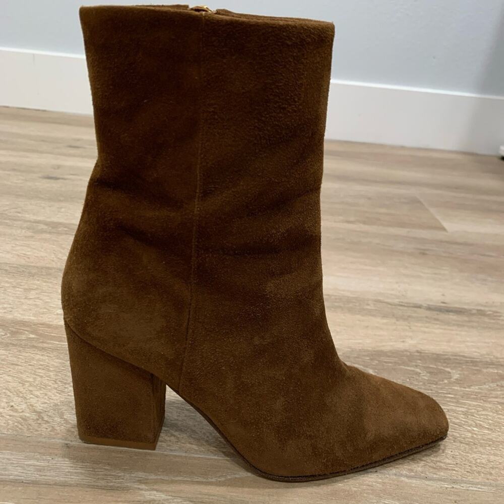 Marion Parke Women’s Winnie Caramel Suede Square Toe Block Heel Bootie Size 6/36